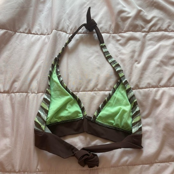 Y2K Brown Green Striped Halter Bikini Top – Retro Swimwear (Size 16) - Picture 2 of 4